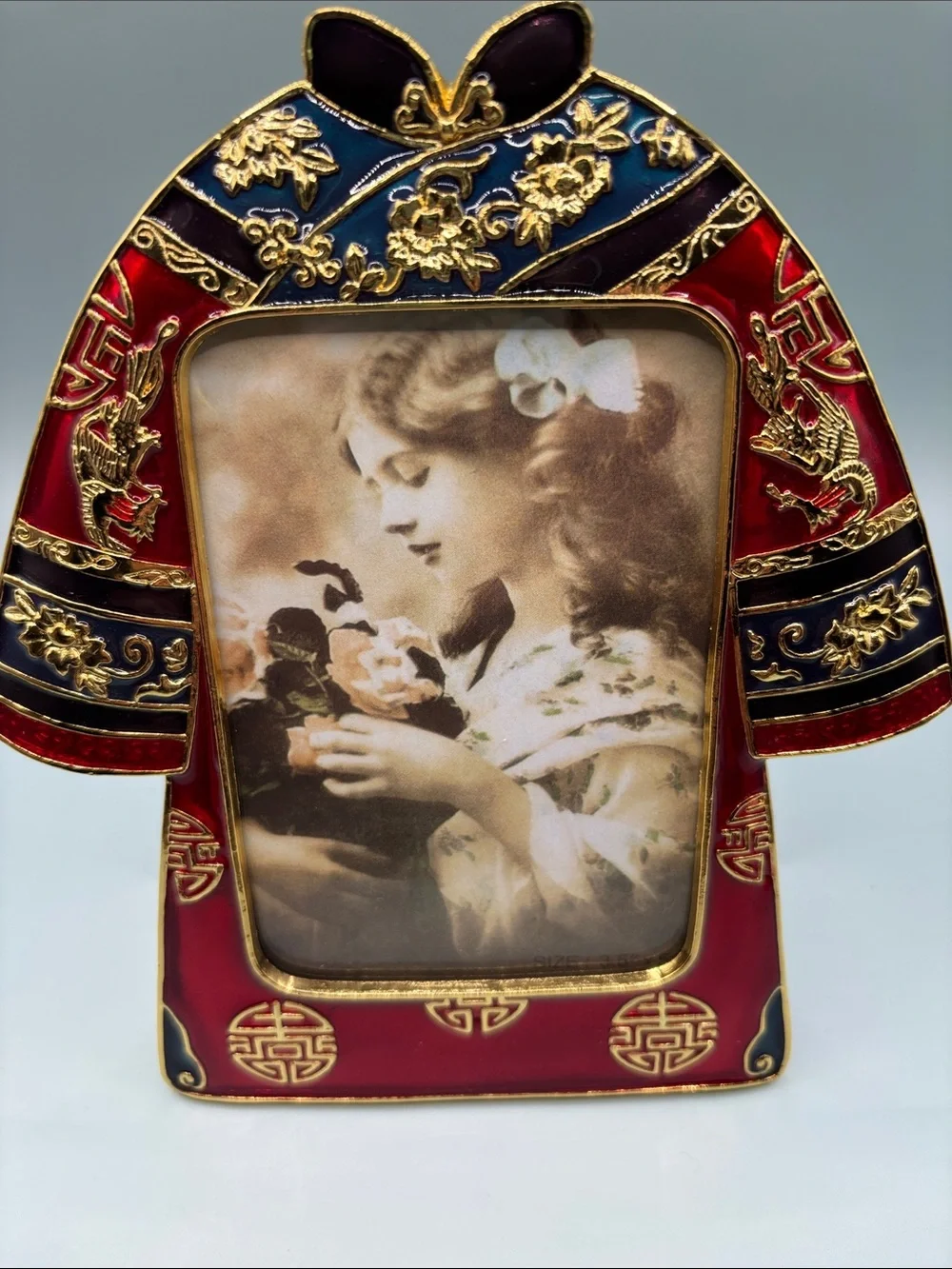 Enamel Emperor Empress Kimono Photo Frame Set - Red and Gold